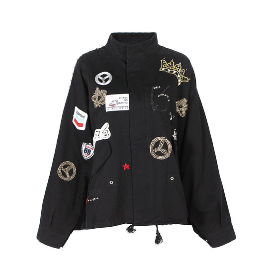 Urban Edge: Embroidered Badge Bomber Jacket