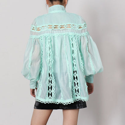 Ethereal Lace Cutwork Bubble-Sleeve Blouse
