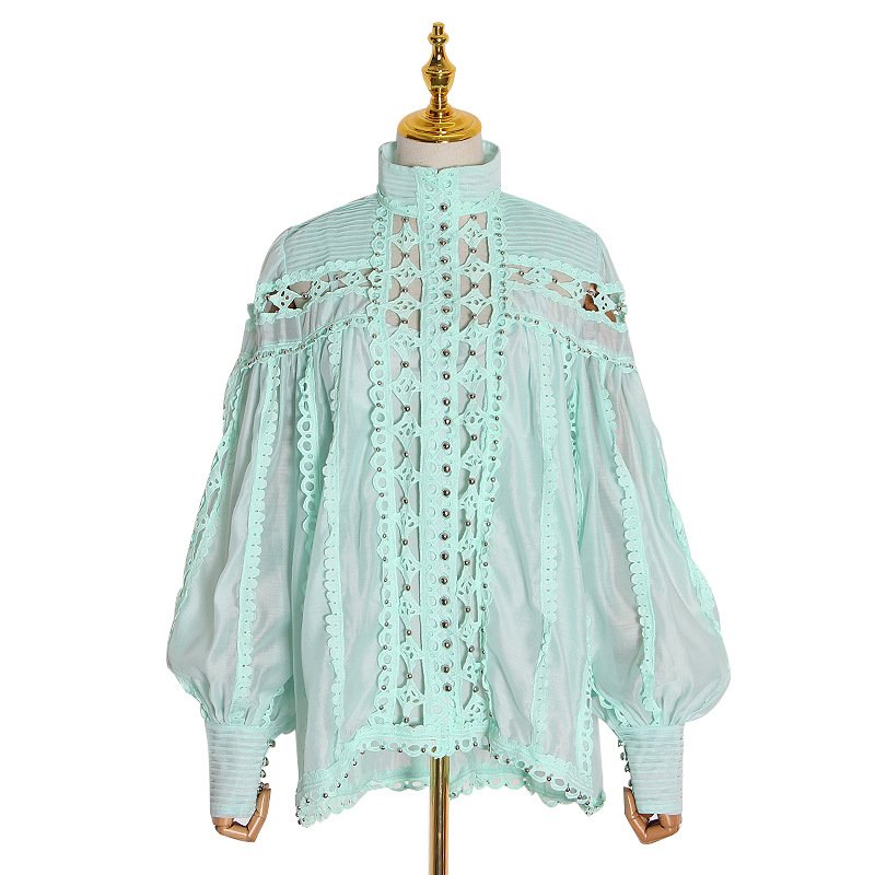 Ethereal Lace Cutwork Bubble-Sleeve Blouse