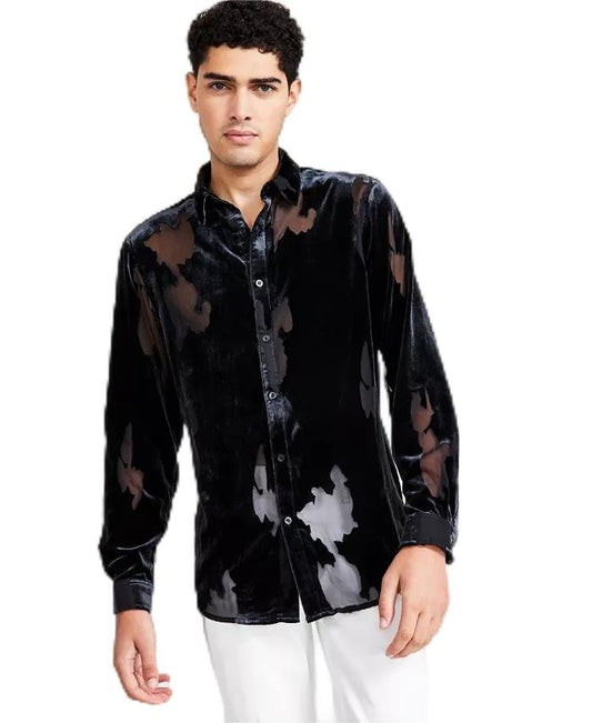 Men's Luxe Velvet Burnout Shirt - Bold Elegance for Evening Wear
