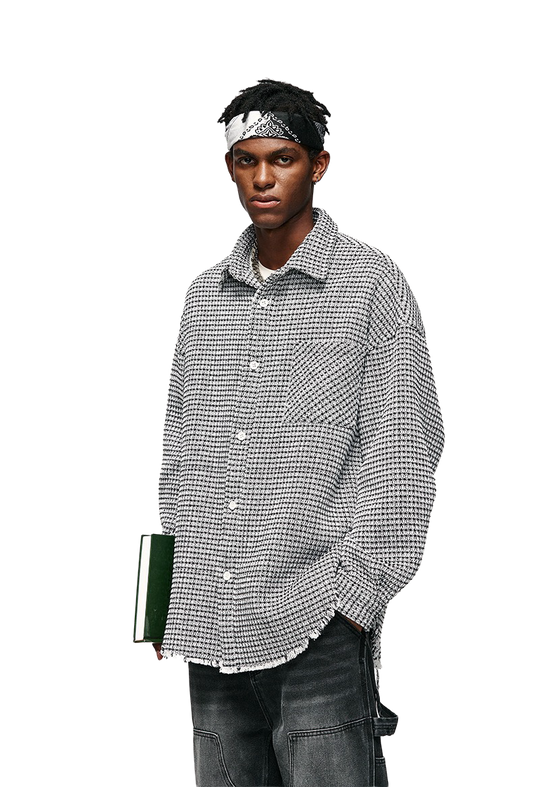 Casual Grid-Textured Shirt with Frayed Hem