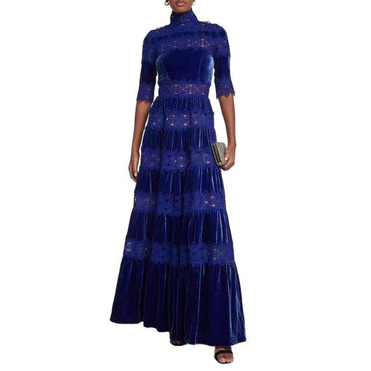 Elegant High Collar Blue Velvet Lace Tiered Evening Dress