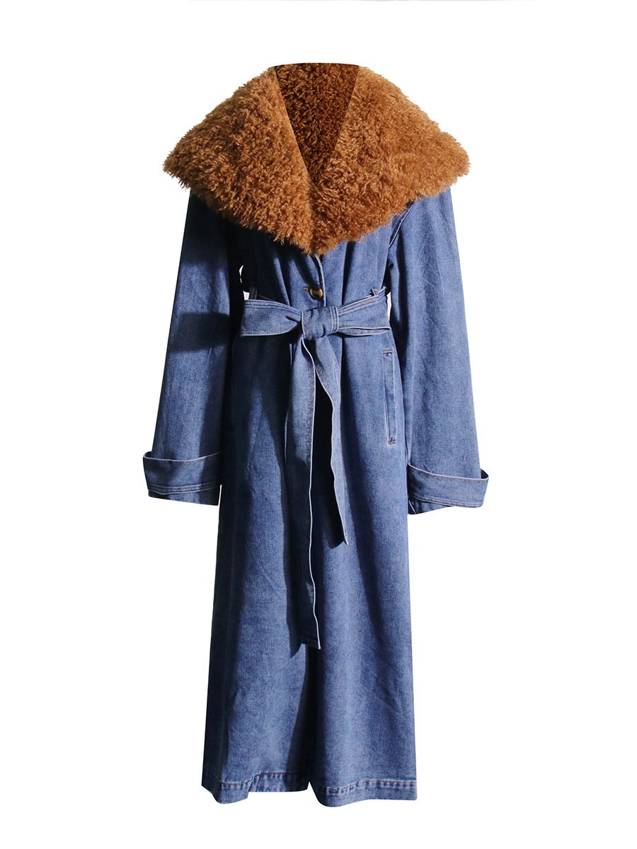 Refined Denim Trench Coat with Detachable Faux Fur Collar