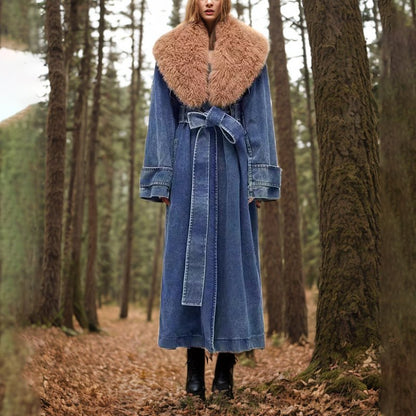 Refined Denim Trench Coat with Detachable Faux Fur Collar