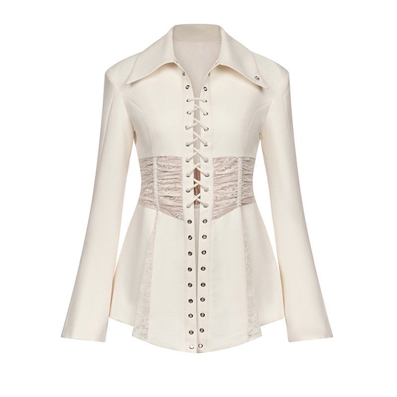 Lace-Up Elegance: Chic Ivory Blazer with Sheer Lace Detailing
