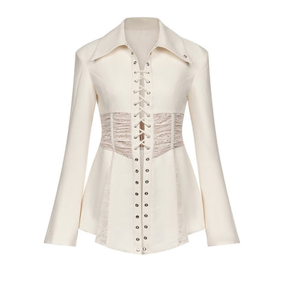 Lace-Up Elegance: Chic Ivory Blazer with Sheer Lace Detailing