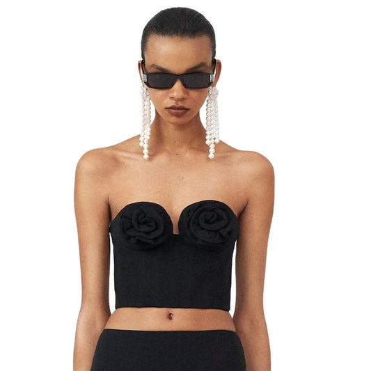 Sleek Summer Elegance: Rose Accented Black Bandeau Top