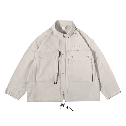 Contemporary Drawstring Collared Jacket with Multi-Pocket Design