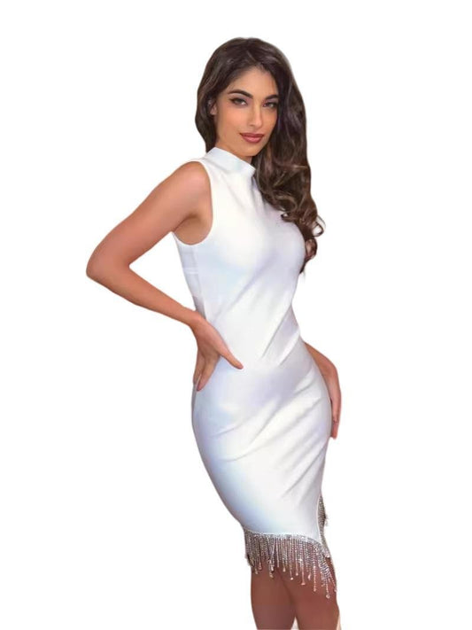 White Diamond Tassel Bandage Dress