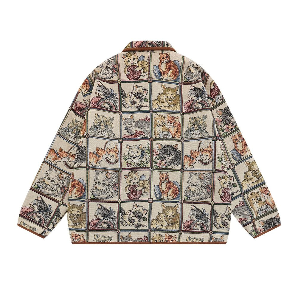 Chic Customizable Cat Motif Jacquard Jacket – Versatile Fashion for All Seasons
