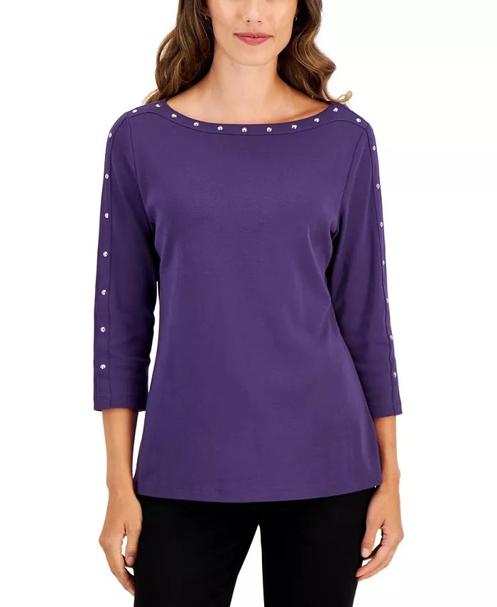 Chic Rivet Studded 3/4 Sleeve Top