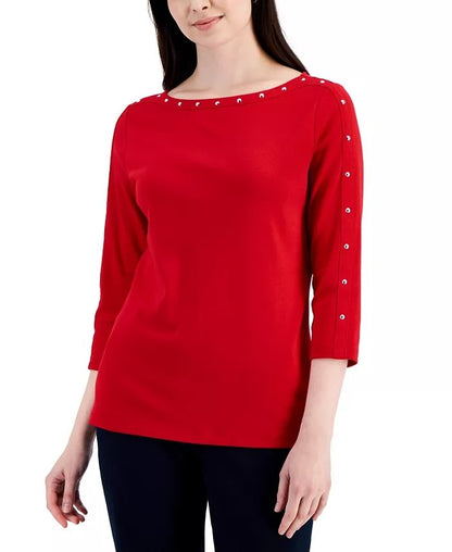 Chic Rivet Studded 3/4 Sleeve Top