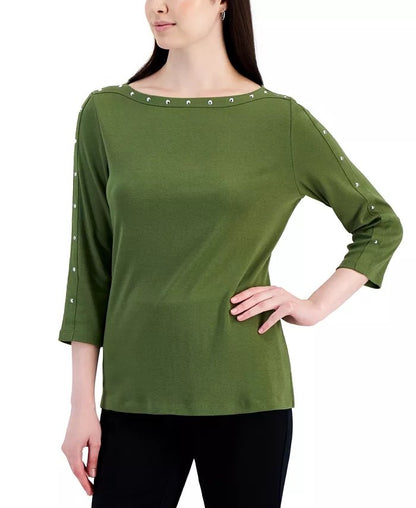 Chic Rivet Studded 3/4 Sleeve Top