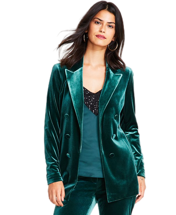 Lujoso blazer cruzado de terciopelo esmeralda 