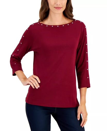 Chic Rivet Studded 3/4 Sleeve Top