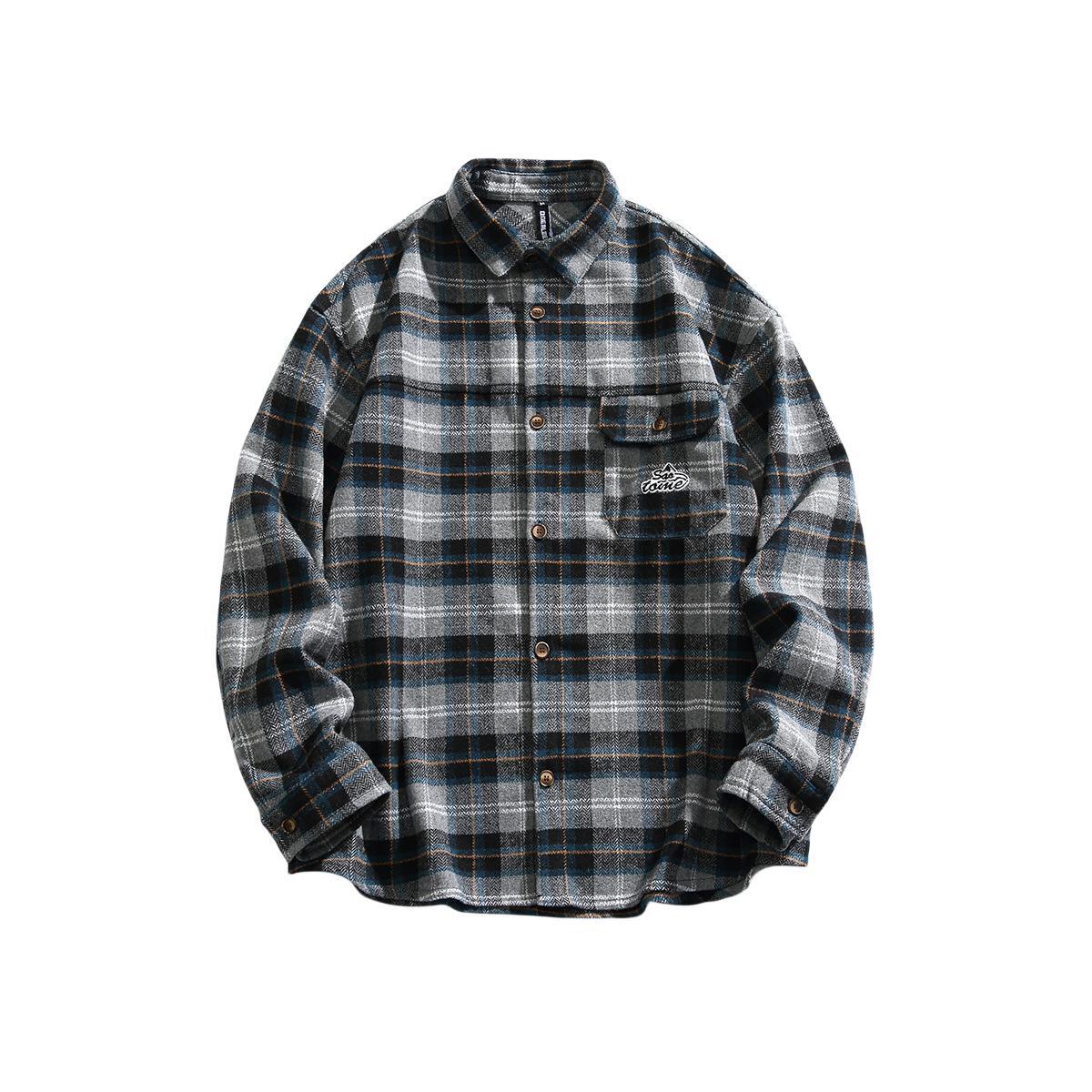 Vintage Grey Plaid Embroidered Pocket Decor Shirt