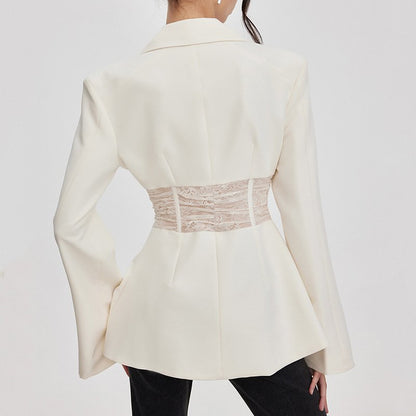 Lace-Up Elegance: Chic Ivory Blazer with Sheer Lace Detailing