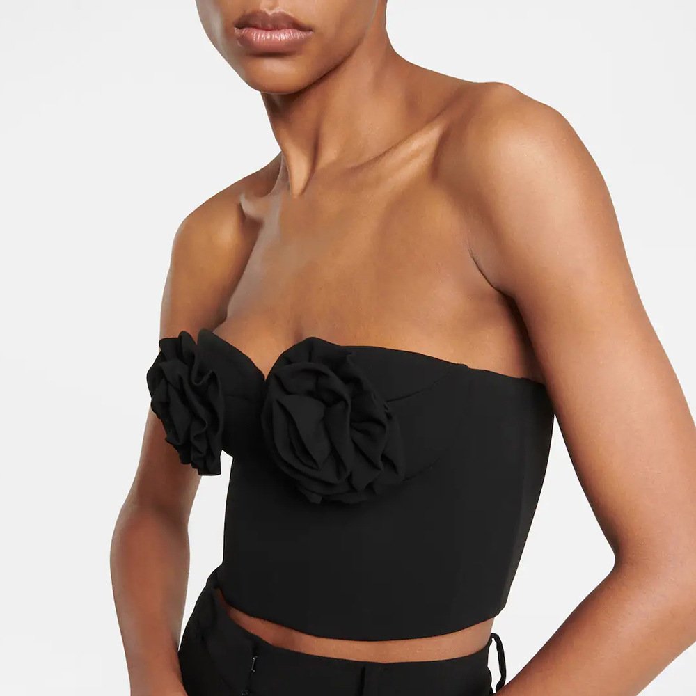 Sleek Summer Elegance: Rose Accented Black Bandeau Top