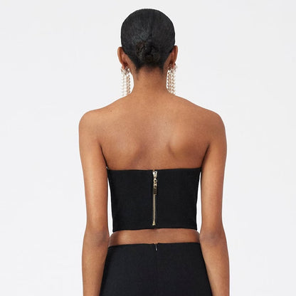 Sleek Summer Elegance: Rose Accented Black Bandeau Top