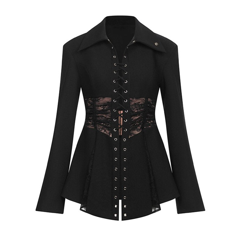 Elegancia con cordones: elegante blazer color marfil con detalles de encaje transparente 