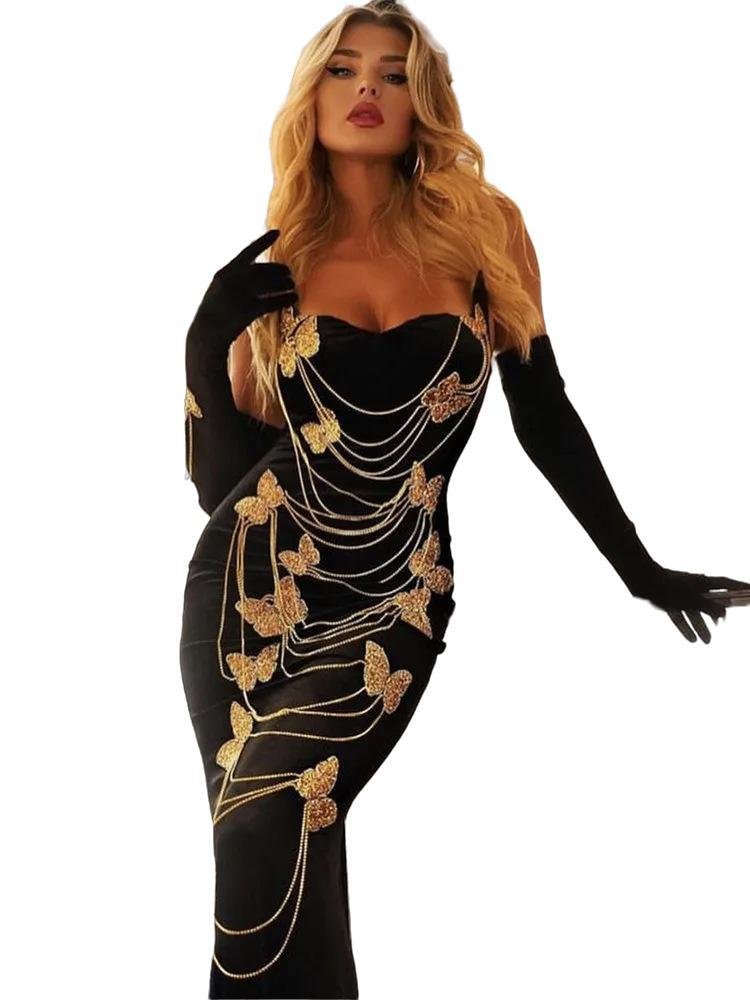 Vestido con cadena y cuentas de mariposa bordadas