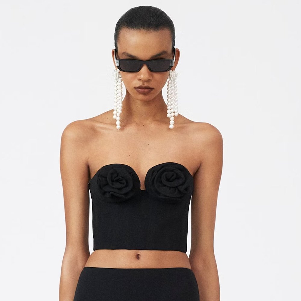 Sleek Summer Elegance: Rose Accented Black Bandeau Top