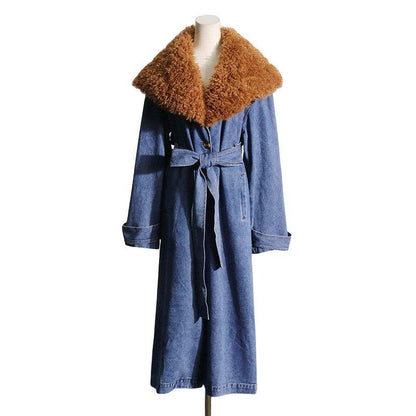 Refined Denim Trench Coat with Detachable Faux Fur Collar