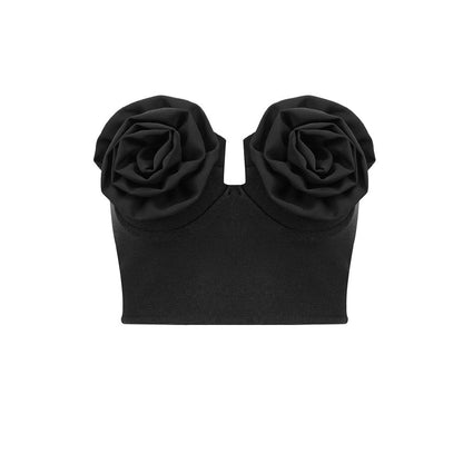 Sleek Summer Elegance: Rose Accented Black Bandeau Top