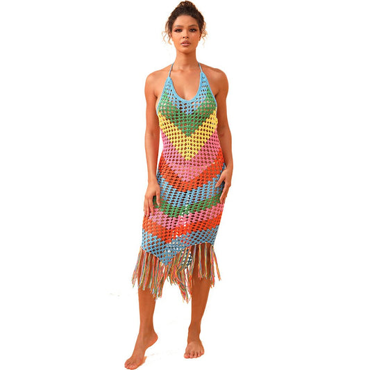 Vibrante vestido de playa de ganchillo hecho a mano - Elegancia con flecos multicolores 