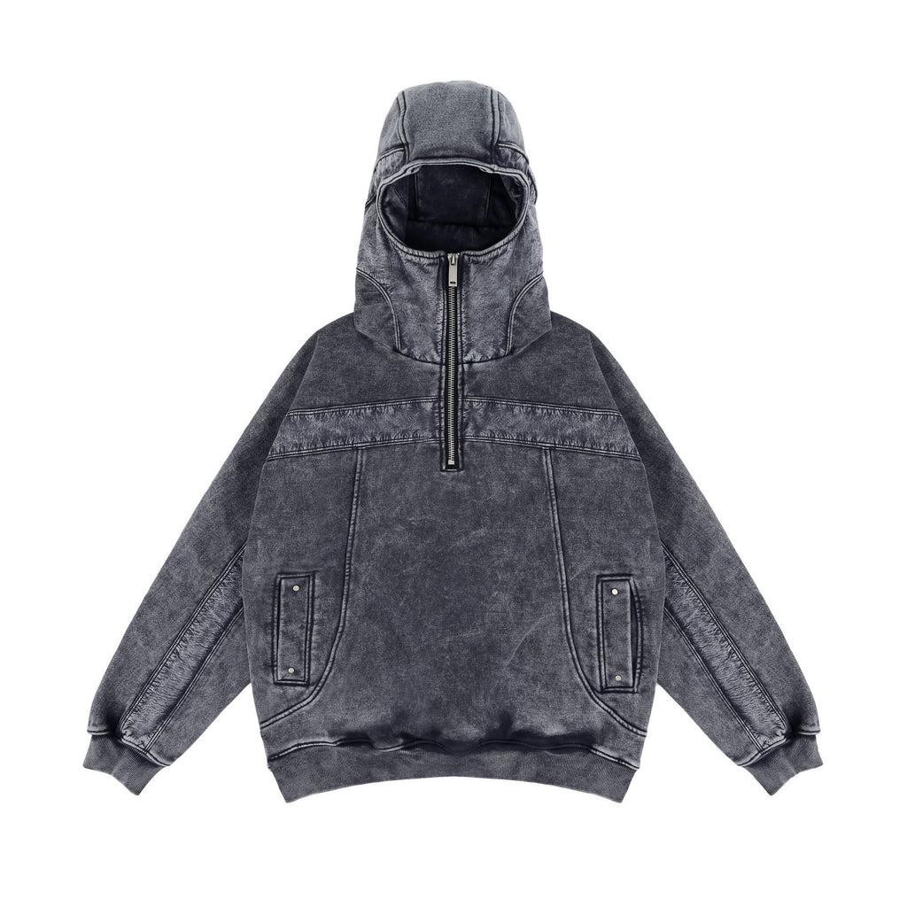 Customizable Heavyweight Washed Patchwork Half-Zip Mask Hoodie
