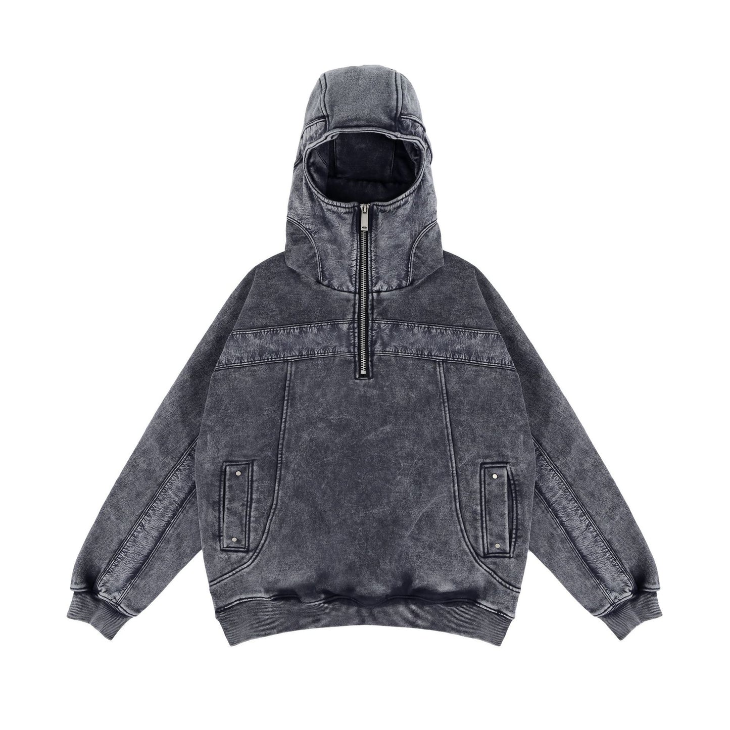 Customizable Heavyweight Washed Patchwork Half-Zip Mask Hoodie