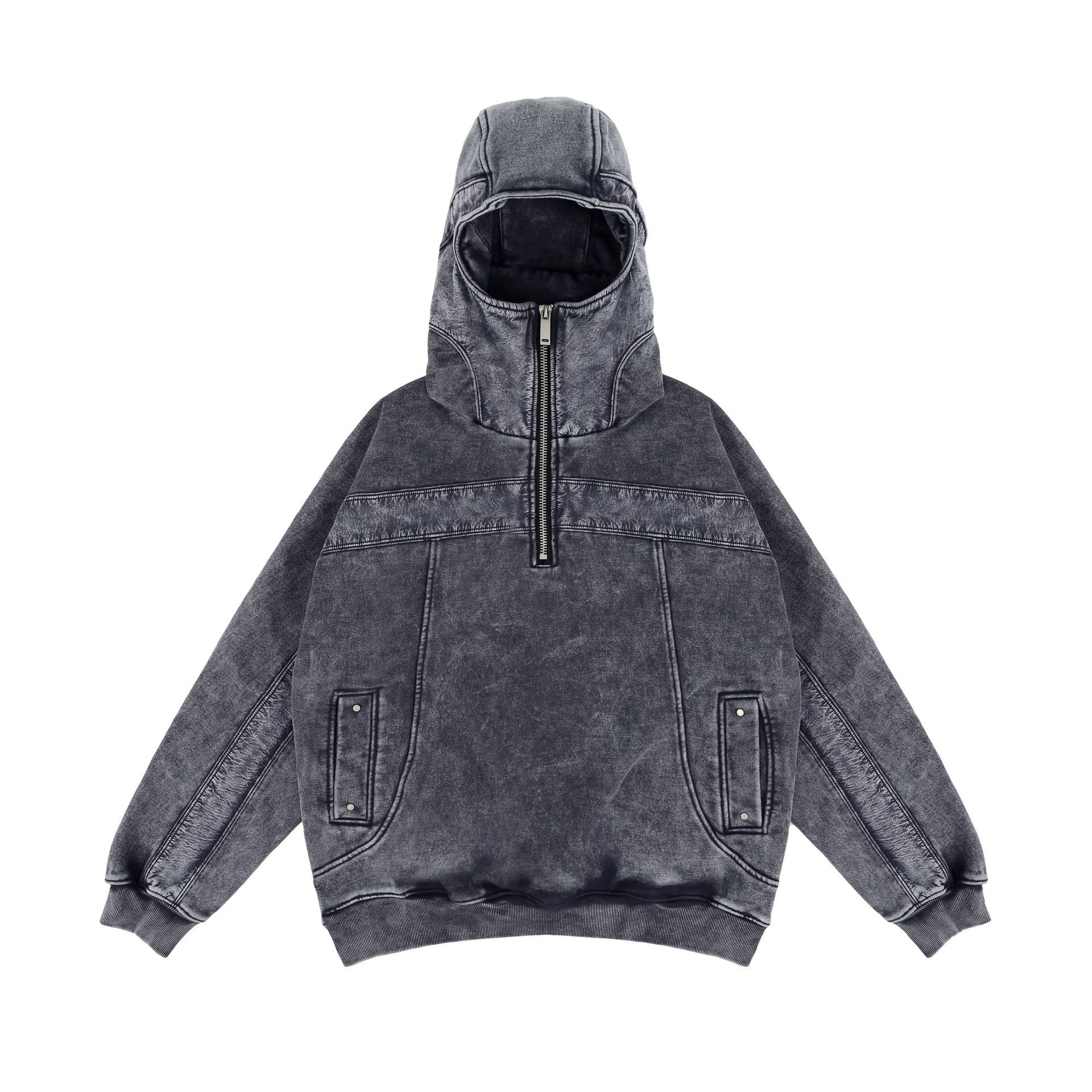Customizable Heavyweight Washed Patchwork Half-Zip Mask Hoodie