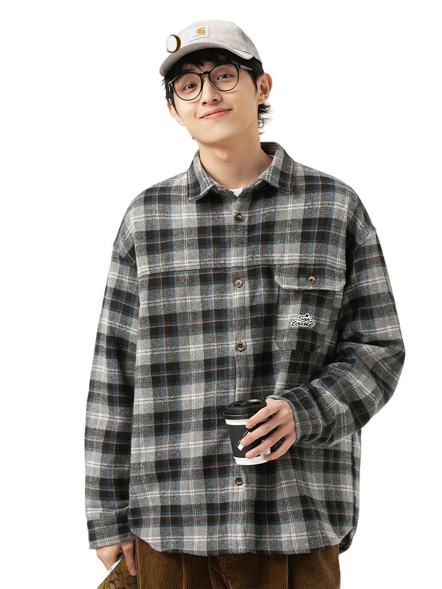 Vintage Grey Plaid Embroidered Pocket Decor Shirt