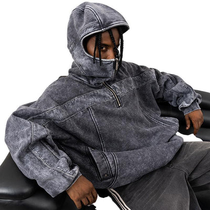 Customizable Heavyweight Washed Patchwork Half-Zip Mask Hoodie