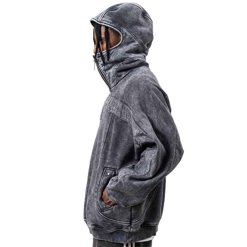 Customizable Heavyweight Washed Patchwork Half-Zip Mask Hoodie