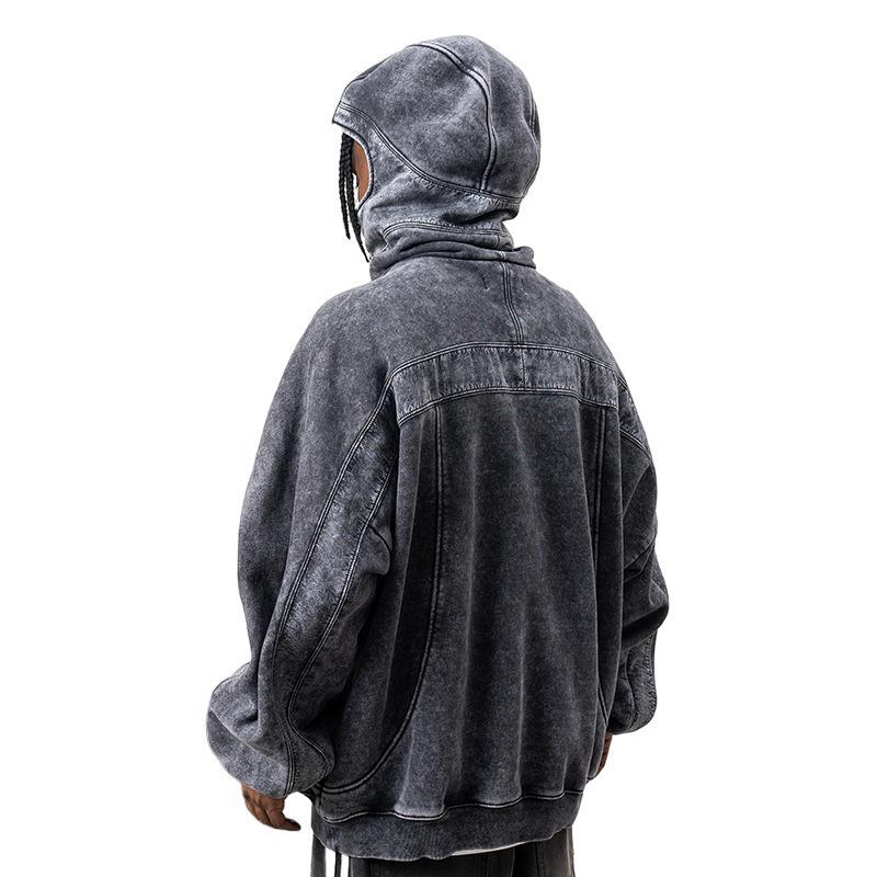 Customizable Heavyweight Washed Patchwork Half-Zip Mask Hoodie