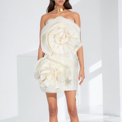 Chic White Dimensional Flower Party Dress