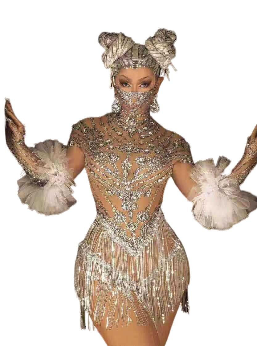 Mini-robe à franges en cascade de cristal avec gants