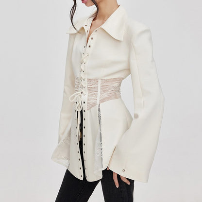 Lace-Up Elegance: Chic Ivory Blazer with Sheer Lace Detailing