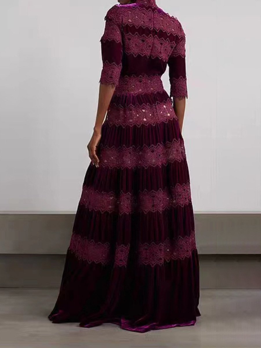 Vestido de noche elegante con gradas de encaje de terciopelo azul con cuello alto 