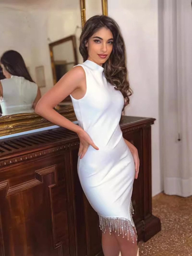 White Diamond Tassel Bandage Dress