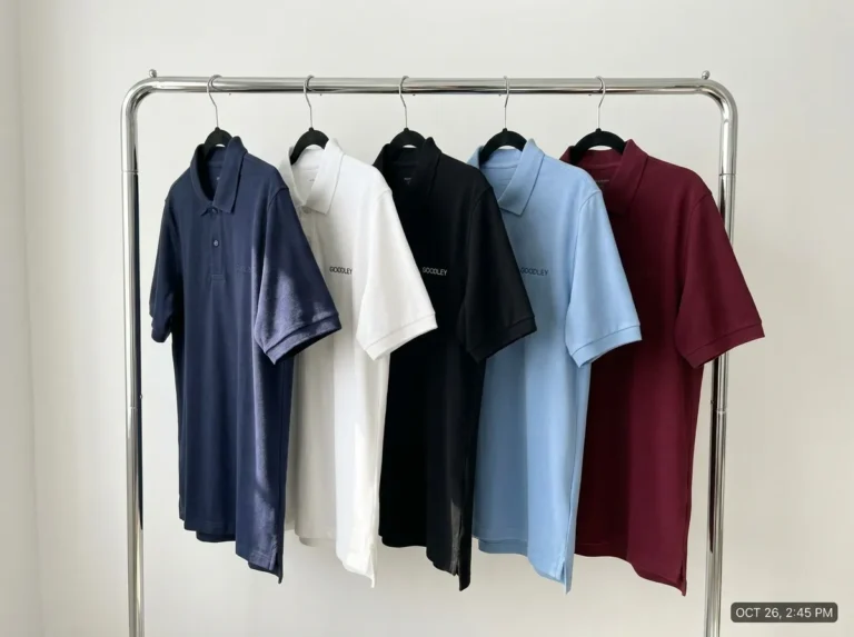 Polo shirt men custom manufacturing: cotton piqué fabric samples in multiple colors on factory table